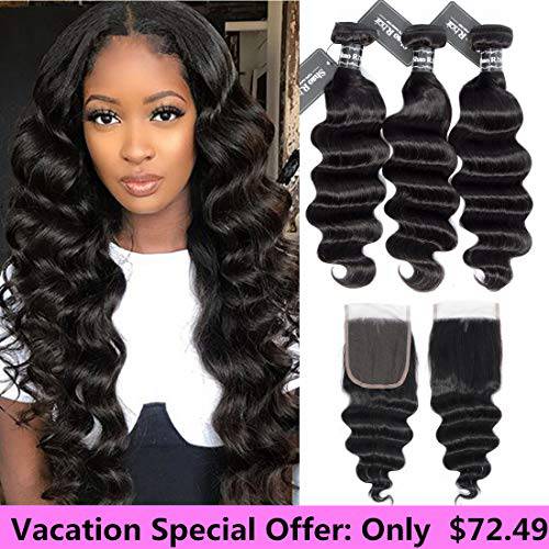Loose Deep Wave Bundles with Closure 100% Unprocessed Virgin Human Hair Loose Wave Bundles with Closure Brazilian Curly Bundles with Closure Human Hair 16”18”20” with 14” Closure Natural Color