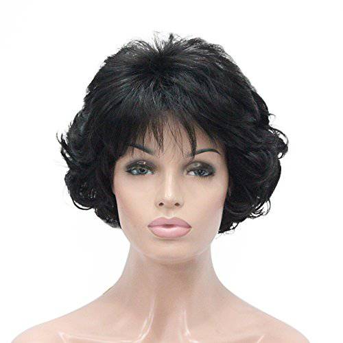 Kalyss Short Black Curly Wavy Synthetic Hair Wigs With Hair Bangs for Women 70’ Look Lightweight Natural Looking Hair Wigs