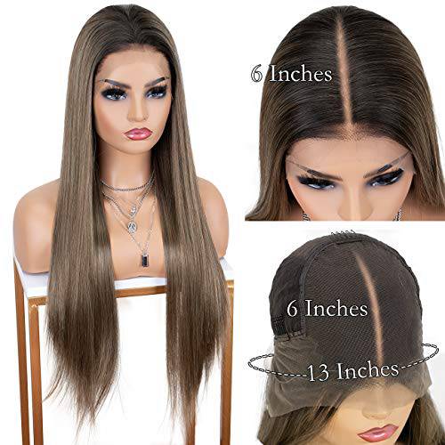 K’ryssma Brown Wig Ombre with Dark Roots Middle Parting Synthetic Wig with Natural Hairline Silk Straight Long Brown Wig for Women