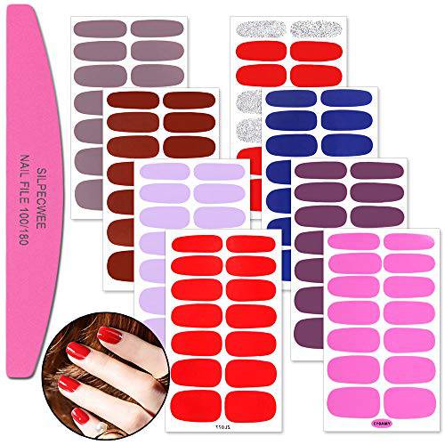 SILPECWEE 8 Sheets Nail Wraps for Women Stick on Nail Polish Strips Solid Color Self Adhesive Nail Polish Stickers Gel Nail Strips Manicure Stickers for Nail Art with 1pc Nail File