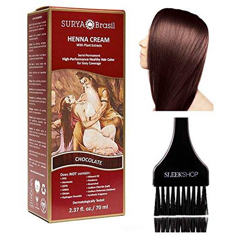 Surya Brasil All Natural HENNA Hair Color CREAM Plant Extracts, Semi-Permanent for Grey Coverage (with Brush) Brazil (CHOCOLATE)