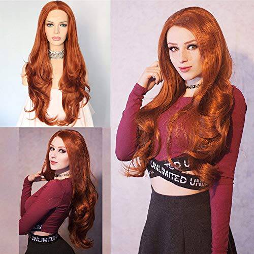 Baruisi Orange Wigs for Women Long Curly Wavy Synthetic Hair Wig Natural Middle Parting Heat Resistant Costume Cosplay Wig