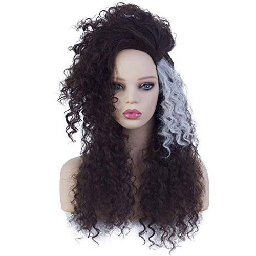 Long Brown White Fluffy Curly Wavy Hair Synthetic Wig Halloween Costume for Women