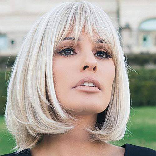 HAIRCUBE 13 Inch Blonde to White Bob Wigs with Bangs Ombre to Blonde Hair Synthetic Heat Resistantfor Women