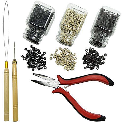 TIHOOD Hair Extension Kit Pliers Pulling Hook Bead Device Tool Kits and 1500PCS Silicone Lined Micro Rings (Black, Blonde and Brown Beads)
