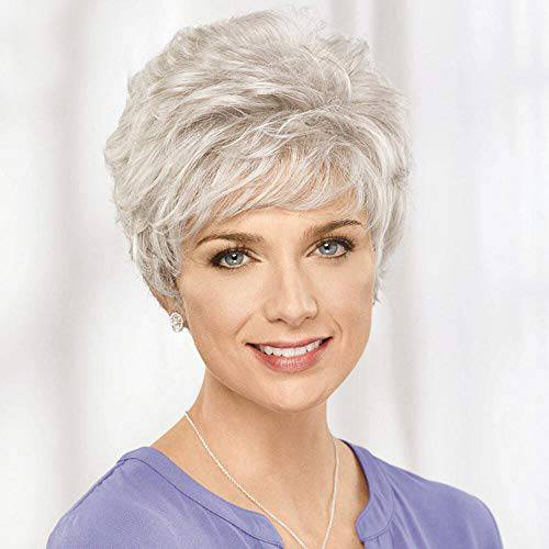 EMMOR Short Silver Grey Human Hair Wigs for Women Blend Pixie Cut Wig With Bang,Natural Daily Use Hair (Color 101)