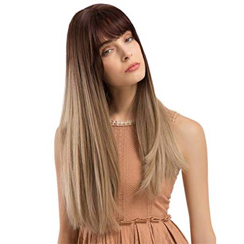 TopWigy Women Brunette Wig Long Straight Synthetic Wigs with Bangs Ombre Brown to Blonde Natural Look Realistic Wig 24 Inches for Halloween Party Daily Use