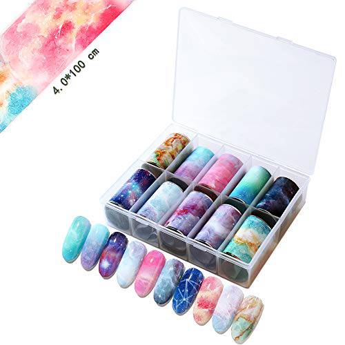 SILPECWEE 10 Rolls Holographic Foil Nail Art Wraps Stickers Strips Set Starry Sky Aurora Full Wraps Nail Transfer Decals Manicure Accessories (1.57inches×39.4inches)