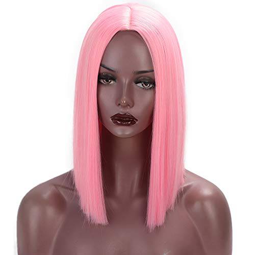 ENTRANCED STYLES Pink Wig Synthetic Straight Hair Middle Part Shoulder Length Bob Wigs for Women Colorful Fashion Bob Wigs