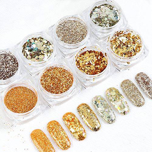Macute Holographic Nail Art Glitters Laser Effect Nail Decoration Sequins 8 Boxes Sparkle Powder Flakes for Women False Acrylic Nails Decorations Design Manicure Tips Wraps Charms Face Eye Accessory