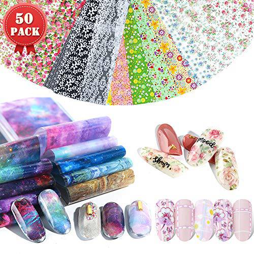 SILPECWEE 50 Sheets Starry Sky Star Nail Foil Transfer Stickers Lace Flower Nail Wraps Decals Manicure DIY Accessories
