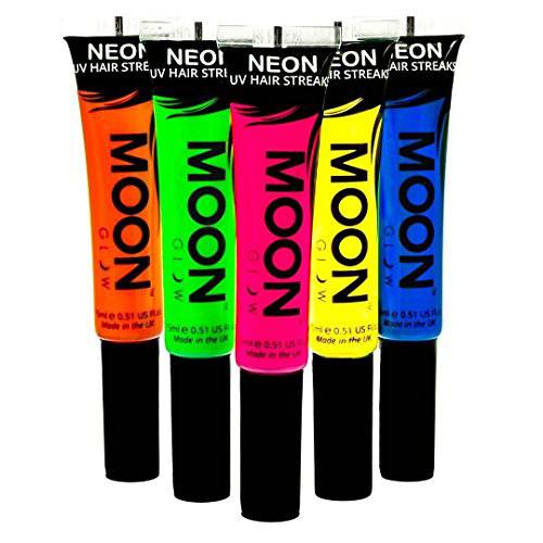 Moon Glow Neon UV Hair Color Streaks | Set of 5 | Hair Mascara - Temporary Wash out Hair Dye | Bright Neon Color, Glows under Blacklights/UV Lighting