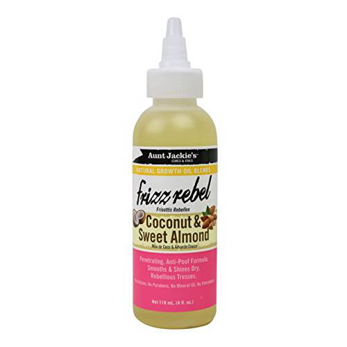 Aunt Jackie’s Natural Growth Oil Blends Frizz Rebel - Coconut and Sweet Almond, Smooths and Shines Dry, Rebellious Tresses, Anti-Poof Formula, 4 oz