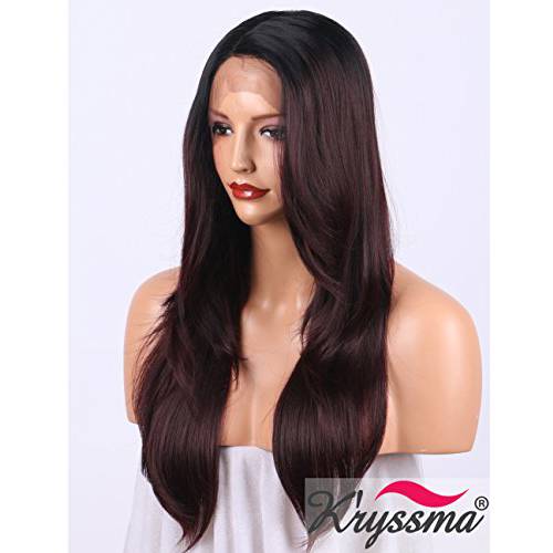 K’ryssma Burgundy Wig with Dark Root Synthetic Wigs for Women Long Straight Natural Looking Dark Red Wig with Side Part