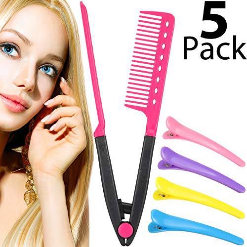1 Pack Hair Straightening Comb with 4 Pieces Duckbill Clip Set Flat Iron Comb Hot Iron Comb Straightener Comb for Great Tresses (Pink)