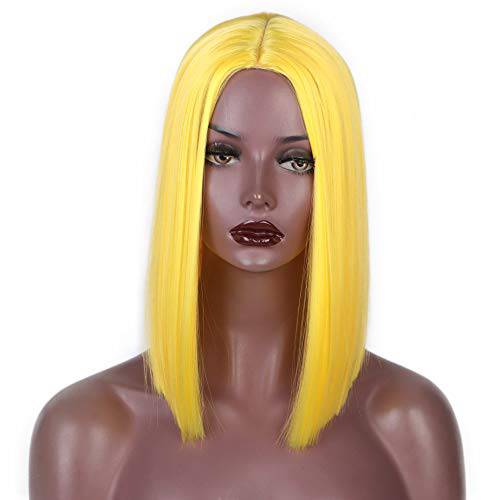ENTRANCED STYLES Short Bob Hair Wigs Yellow Colored Wig Middle Parting Heat Resistant Fashion Synthetic Wig for Women