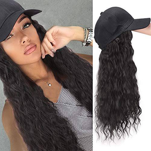 AISI BEAUTY Synthetic Long Wave Baseball Cap with Hair Brown Black Wavy Women Wig Hats with Hair Wavy Extensions. (Brown Black)