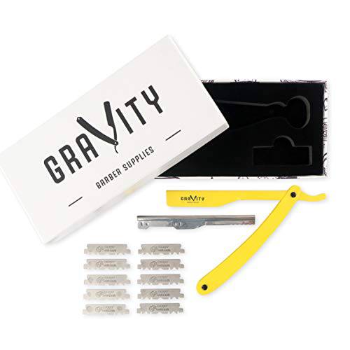 Professional Straight Razor - Ultra Exposed Straight Razor Kit with 10 Derby Premium Blades, 2mm Exposed (Yellow)