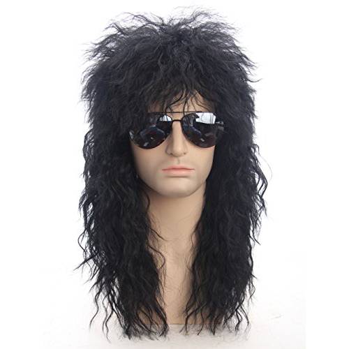 Lemarnia Unisex 80s Rocker Wig Mullet Wig Black Straight for Women or Men Halloween Costume Party Wigs