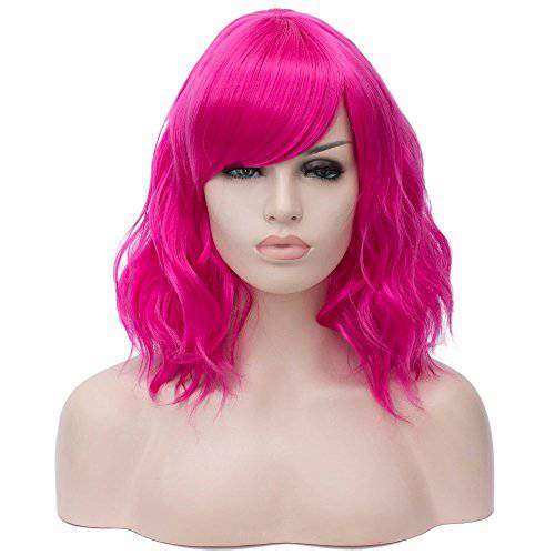 BERON 14 Inches Hot Pink Wig Women’s Bob Curly Pink Wig with Bangs Magenta Wig for Women Halloween Cosplay Wig for Daily Use Synthetic Wig (Rose Pink)
