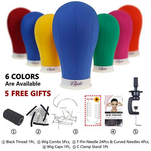 22 Inch Canvas Block Head Mannequin Head with Stand Colorful Wig Head Set for Wig Making Display Styling Poly Manikin Head with Mount Hole (22 Inch, Blue)