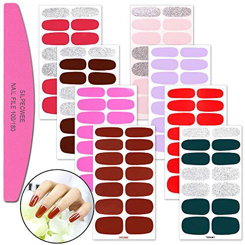 SILPECWEE 8 Sheets Glitter Solid Color Nail Polish Strips Nail Stickers Full Nail Wraps for Women Stick on Nails Adhesive Nail Art Stickers with 1pc Nail File