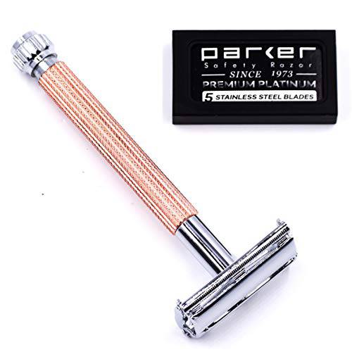 Parker 29L Long Handle Women’s Double Edge Butterfly Open Double Edge Safety Razor (Rose Gold) with 5 Parker Premium Platinum Blades – Textured Plated Brass Handle