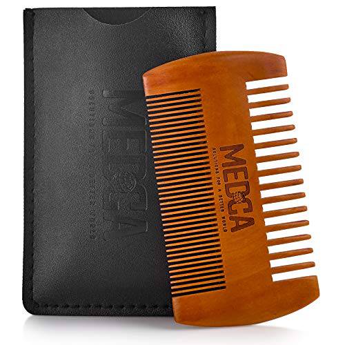 Wooden Beard Comb With Leather Case - Handcrafted Solid Beechwood Beard, Mustache and Head Hair Pocket Combs for Men Dual Action Fine & Coarse Teeth Perfect for Conditioner Oils and Beard Balms