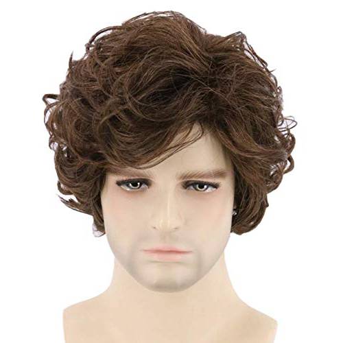Topcosplay Brown Wigs for Men Short Curly Fluffy Cosplay Halloween Character Costume Wig Layered