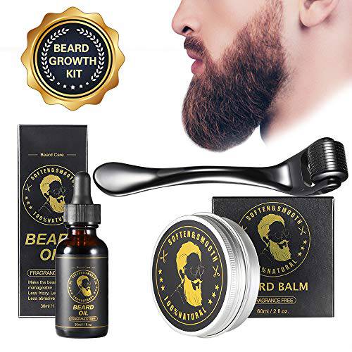 YOOBEAUL Beard Growth Kit, Beard Derma Roller + Beard Oil & Beard Balm, Beard Roller Kit - Fathers Gifts for Dad - Gifts for Men Husband Boyfriend