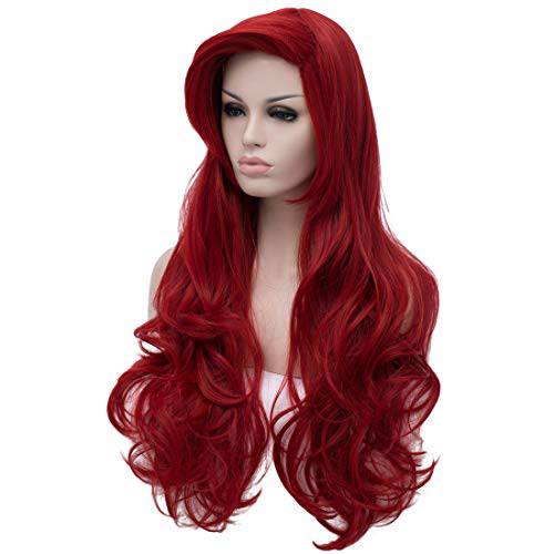 Curly Red Mermaid Wig for Women Long Wavy Cosplay Daily Hair Heat Resistant Synthetic Fiber Wig for Halloween Party Christmas + Cap