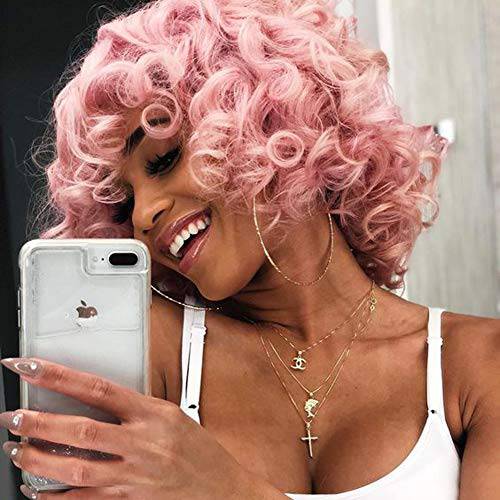 PHOENIXFLY Short Curly Wigs With Bangs Pink Afro Curly Synthetic Short Wigs for Black Women Short Pink Afro Curly Wigs For Women Short Wigs Heat Resistant Hair Replacement Wigs with Free Wig Caps