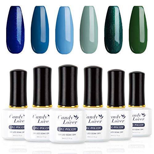 Candy Lover Blue Green Gel Nail Polish Set Selected 6 Pastel Shimmering Color Blue Green Summer Fall Kit, Soak Off Nail Art Manicure Gift Box