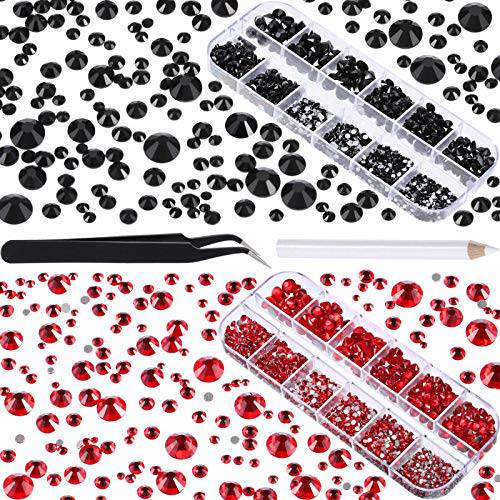 TecUnite 4000 Pieces Glass Flatback Gemstones Round Flat Back Rhinestones 6 Sizes 1.5 mm-6 mm in Box with Tweezer and Rhinestones Picking Pen for Nail Face Art (Black and Red)