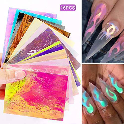 Lookathot 16Sheets Self-ahesive 3D Laser Aurora Flame Nail Art Stickers Decals Mixed Design Manicure DIY Decoration Tools