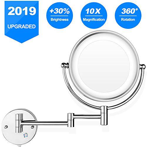Pansonite LED Wall Mount Makeup Mirror with 10x Magnification, 8.5’’ Double Sided 360° Swivel Vanity Mirror with 13.7 Extension and Adjustable Light for Bathroom & Bedroom, Brushed Finished