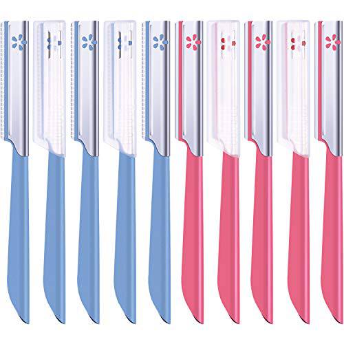 10 Pieces Eyebrow Razor for Women Facial Shaver Razor Brow Shaper Eyebrow Trimmer Dermaplaner Shaping Tool with Cover (Pink+Blue)