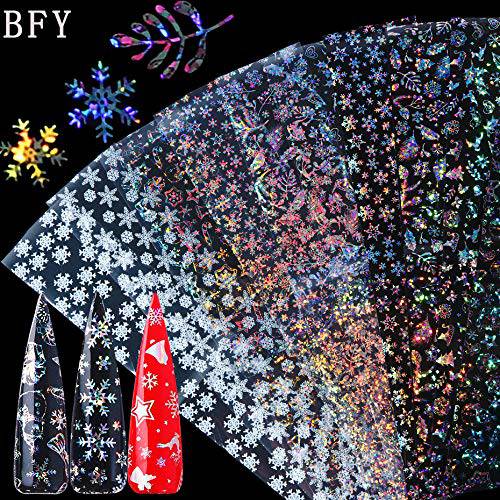 BFY Christmas Nail Foil Transfers Stickers Nail Art Supplies 10 Pcs Christmas Flash Snow Santa Claus Deer Nail Decals Tips Wraps Nail Art Accessories for Women Christmas Party Favor Nail Decor
