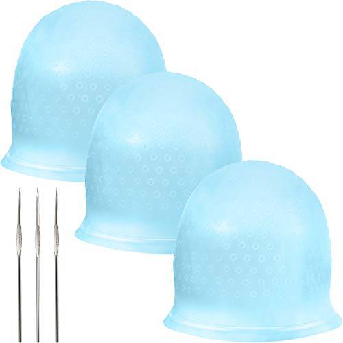 Silicone Highlight Cap Reusable Highlight Hair Cap Salon Hair Coloring Dye Cap with Hooks for Women Girls Dyeing Hair (3 Sets, Blue)
