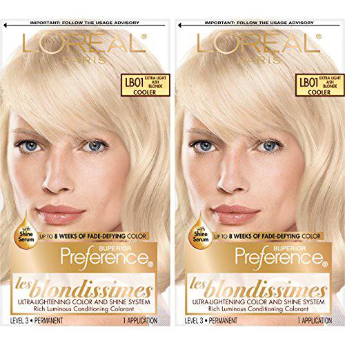 L’Oreal Paris Superior Preference Fade-Defying + Shine Permanent Hair Color, LB01 Extra Light Ash Blonde, Pack of 2, Hair Dye