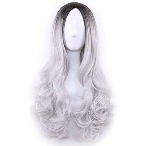 AneShe Ombre Wig Long Wavy 2 Tone Black and Grey Ombre Wig Dark Roots Heat Resistant Fiber Full Wigs for Women (Black to Grey)