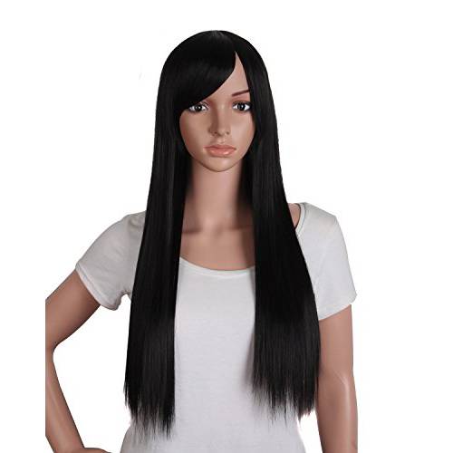 MapofBeauty 28 / 70cm Beautiful Synthetic Women’s Oblique Bangs Long Straight Wig (Black)
