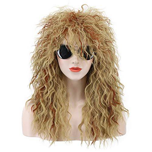 Karlery Men Women Long Curly Orange Mix Blonde 70s Heavy Metal Rocker Mullet Wig 80s Costume Anime Wig