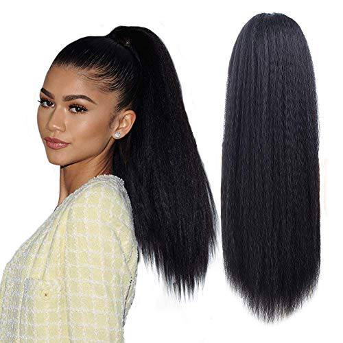 Long Kinky Straight Drawstring Ponytail for Black Women, Yaki Straight Hair 24 Inch Synthetic Pony Tail Clip in Ponytail Hair Extensions Fluffy Black Yaki Hairpiece for Daily
