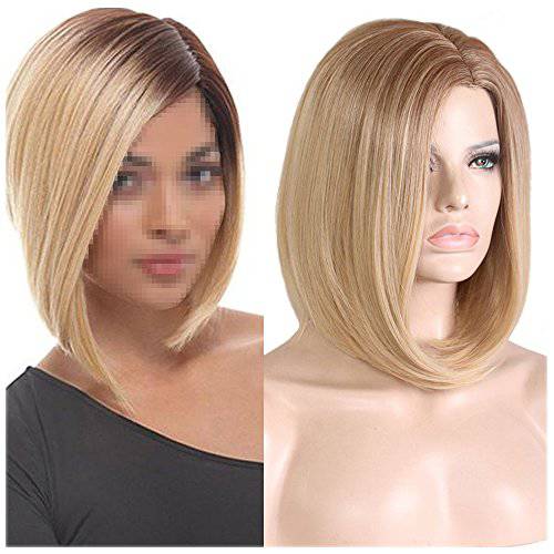BERON 15’’ Short Straight Dark Roots Ombre Blonde Bob Wigs Side Part Wig with No Bangs Wig Cap Included (Brown Ombre Blonde)