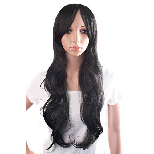 MapofBeauty 28 Inch/70cm Beautiful Charming Women Long Wave Curly Oblique Bangs Synthetic Wig (Black)