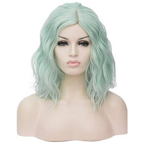 TopWigy Mint Green Cosplay Wig Medium Length Curly Body Wave Colorful Heat Resistant Hair Wigs Halloween Costume Party Bob Wig (Mint Green 14)