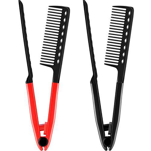 2 Pieces Flat Iron Comb Straightening Comb Salon Hair Brush Combs Hairdressing Styling Hair Straightener V-shaped Straight Comb Straightener (Red, Black)