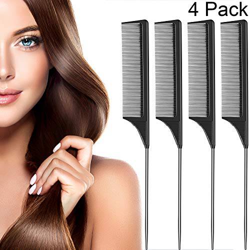4 Pack Metal Rat Tail Comb Pin Tail Comb Black Carbon Fiber Teasing Comb with Stainless Steel Pins for Most Hair Types