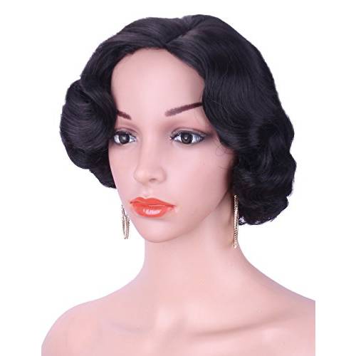 Kalyss 12 Short Finger Wave Synthetic Hair Wig for Women Full Head Bob Curly 1920s-1950s Vintage Cosplay Costume Hairpiece